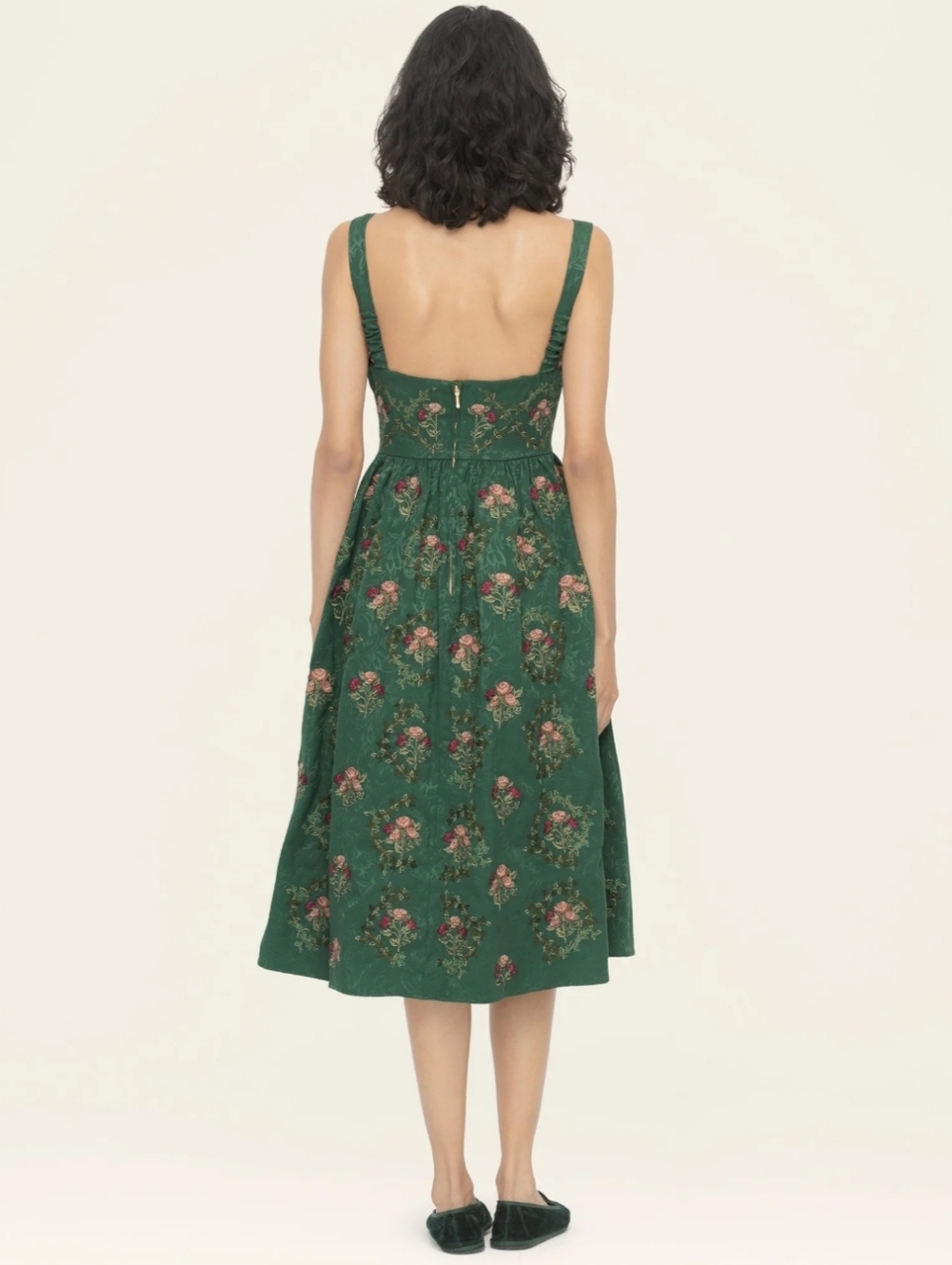 Agua Bendita Miramar Memoria Green Floral Embroidered Midi Dress Square Neck - Picture 4 of 15